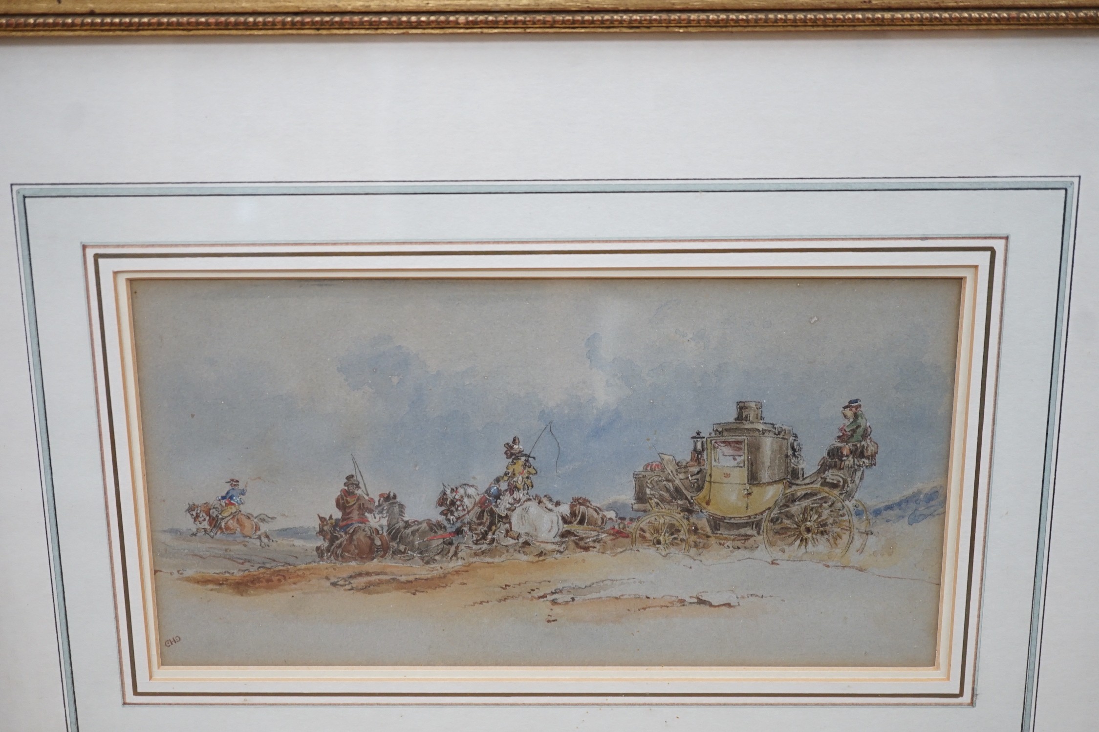 Charles Cooper Henderson (1803-1877), two watercolours, 'French peasants on a lane' and 'Stagecoach on a lane', monogrammed, 12.5 x 13.5cm and 13 x 25.5cm